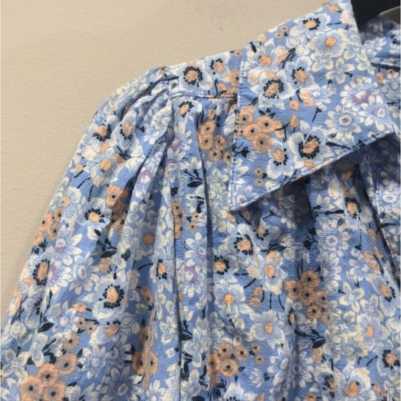 Free People Floral Button Down Blouse Blue Puff Sleeve Pleated Boho Top - Picture 8 of 12